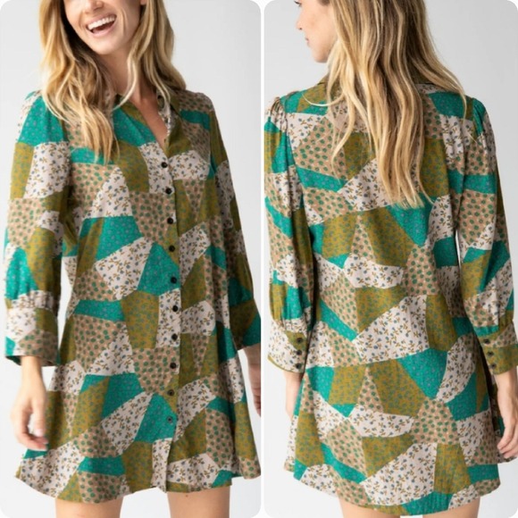 NATURAL LIFE Dresses & Skirts - Natural Life Twiggy Green Floral mini Shirt dress S Boho long sleeve Patchwork